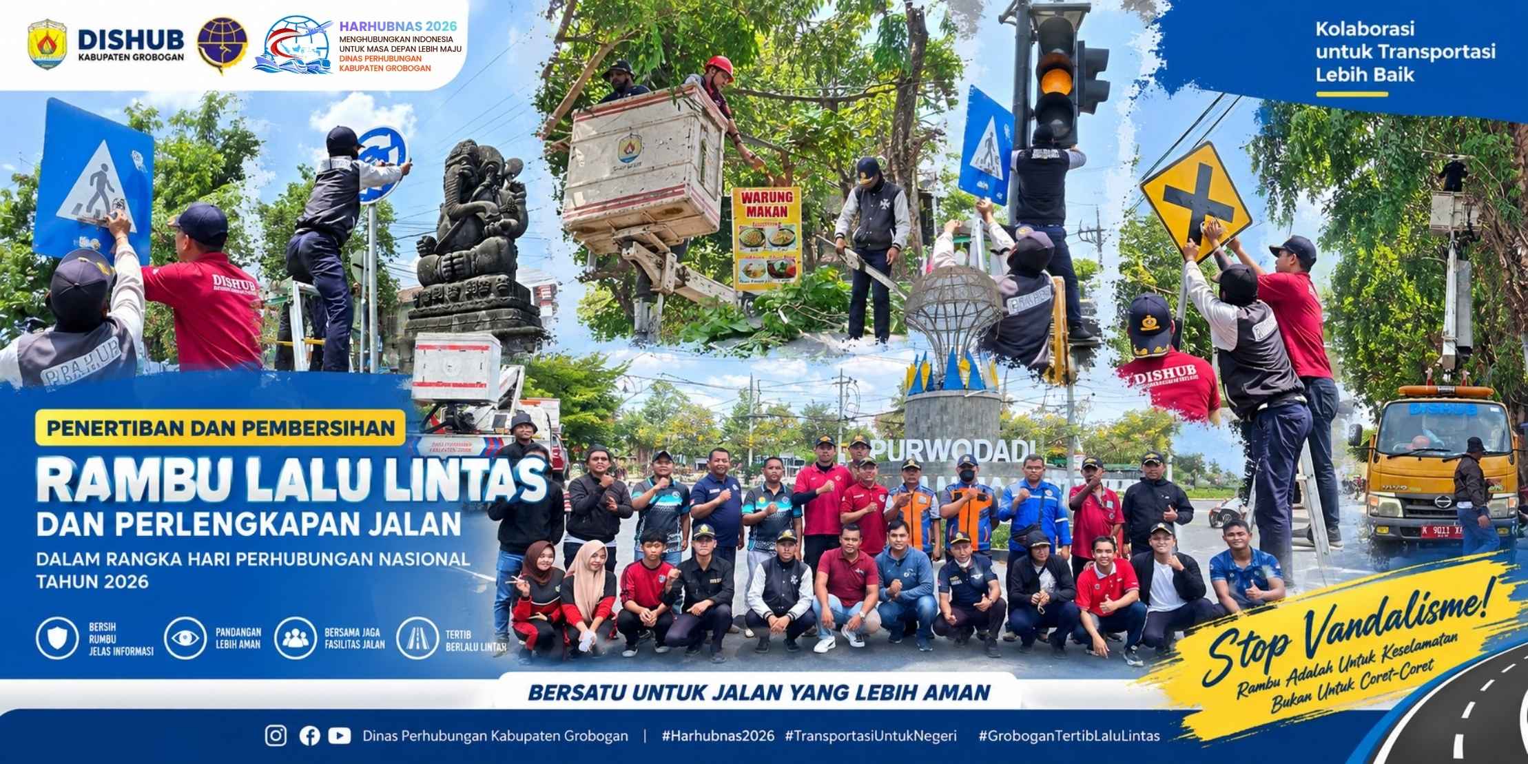 Bersinergi dengan Satlantas Polres Grobogan Gelar Aksi Bersih-Bersih Rambu Lalu Lintas